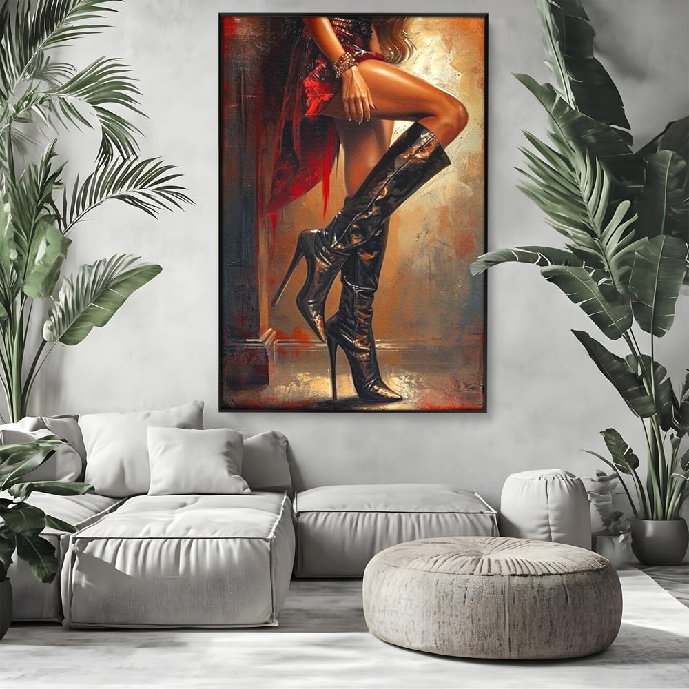 Tablou canvas cu pictura cu picioare feminine in cizme, in rama de aluminiu negru, pe perete intr-un living